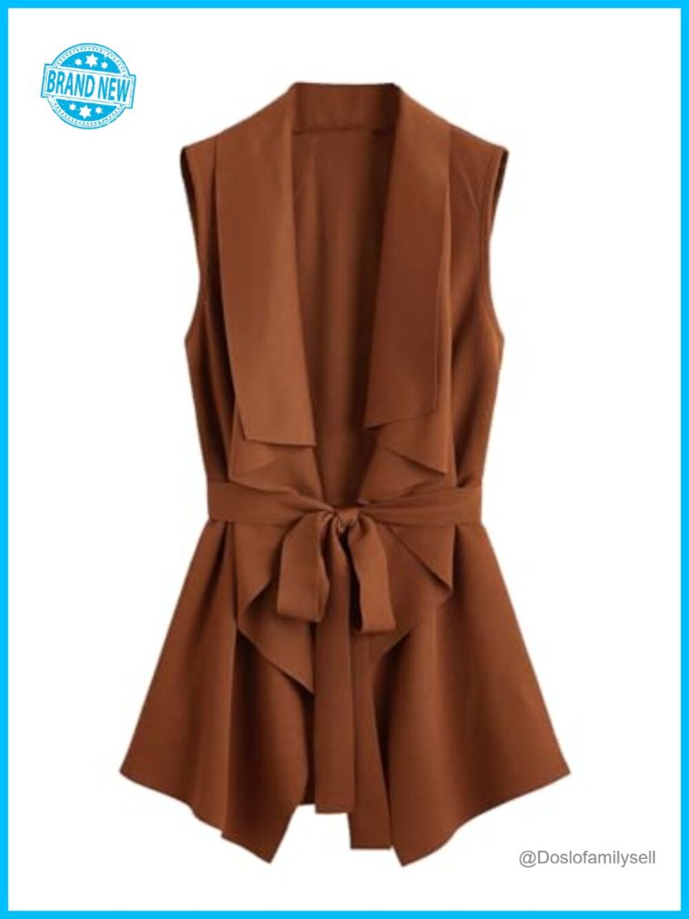 Waterfall Collar Open Front Sleeveless Knit Vest Cardigan with Belt